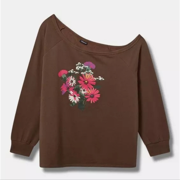 torrid Tops - Torrid Women's Vibrant Floral Relaxed One Shoulder Long Sleeve Sweatshirt Brown